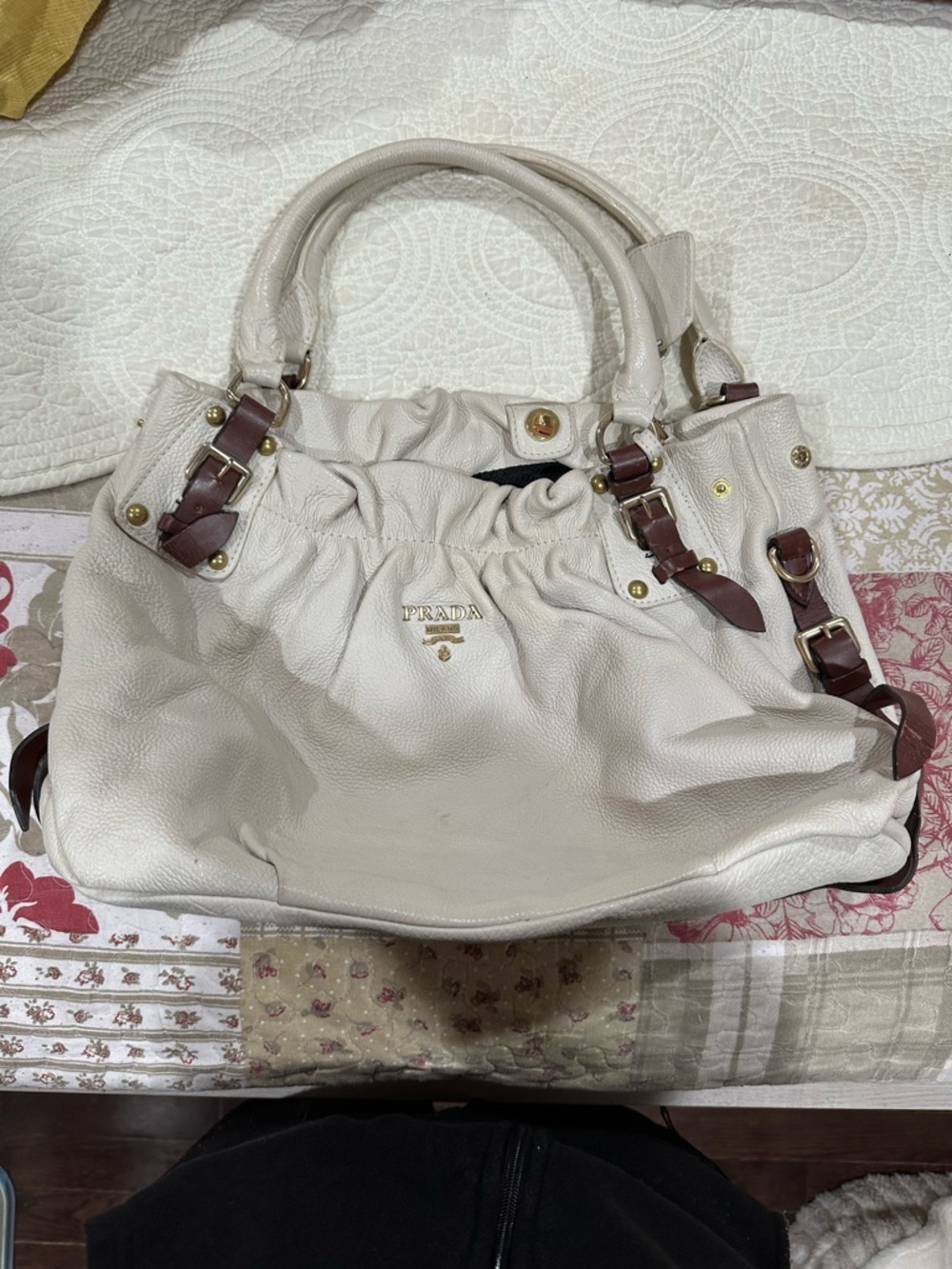 Vintage Cream Leather Satchel with Brown Strap Accents